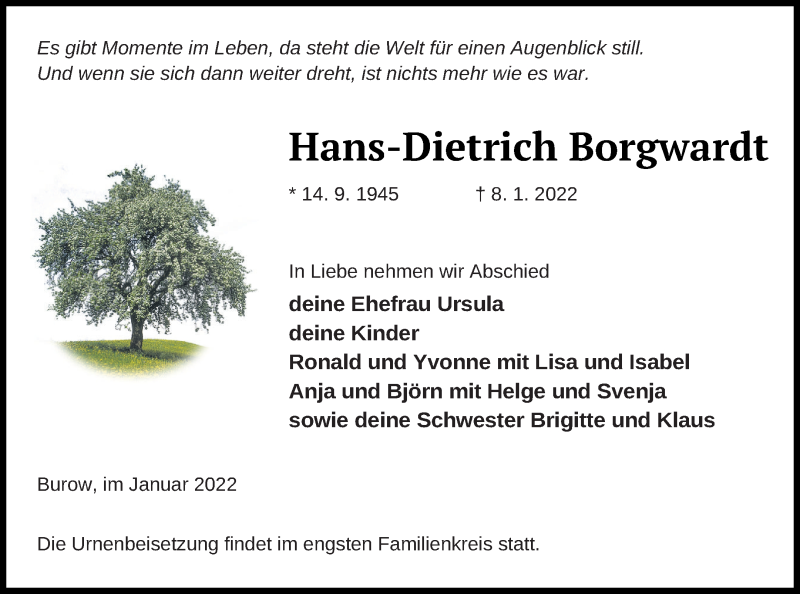 Traueranzeige für Hans-Dietrich Borgwardt vom 12.01.2022 aus Neubrandenburger Zeitung