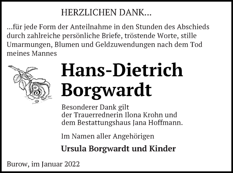  Traueranzeige für Hans-Dietrich Borgwardt vom 28.01.2022 aus Neubrandenburger Zeitung