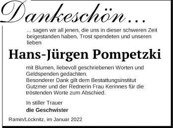 Traueranzeige von Hans-Jürgen Pompetzki von Pasewalker Zeitung