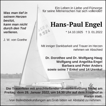Traueranzeige von Hans-Paul Engel von Müritz-Zeitung