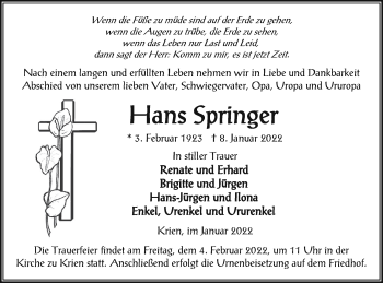 Traueranzeige von Hans Springer von Vorpommern Kurier