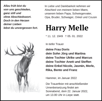 Traueranzeige von Harry Melle von Haff-Zeitung