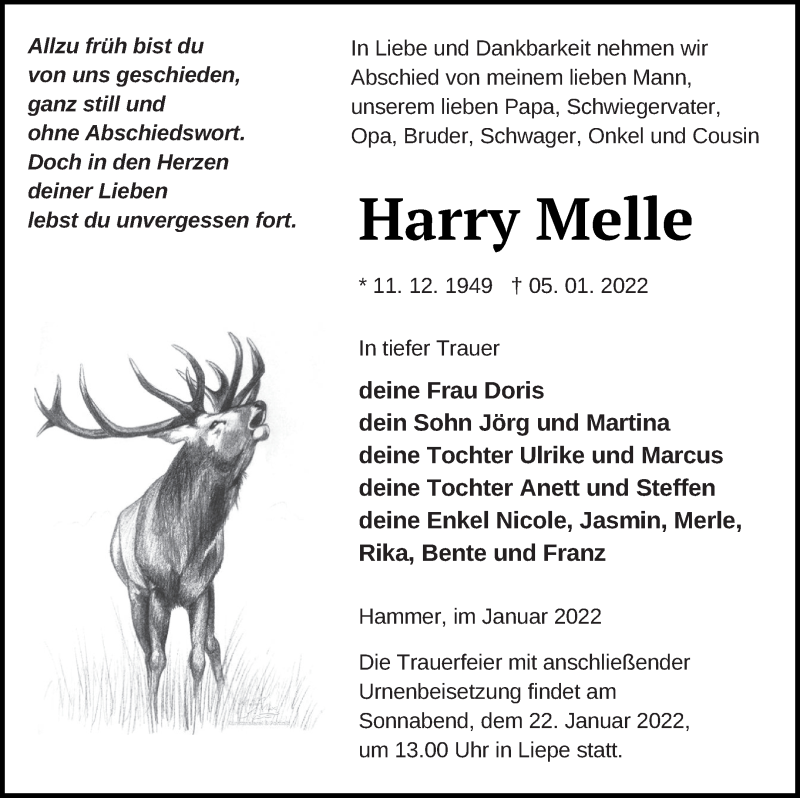  Traueranzeige für Harry Melle vom 14.01.2022 aus Haff-Zeitung