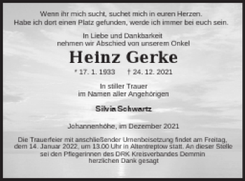 Traueranzeige von Heinz Gerke von Demminer Zeitung