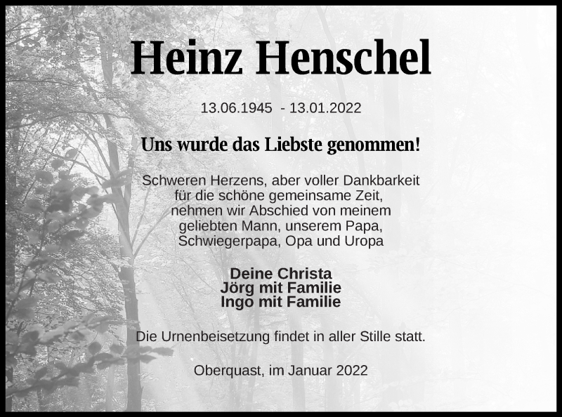  Traueranzeige für Heinz Henschel vom 21.01.2022 aus Prenzlauer Zeitung