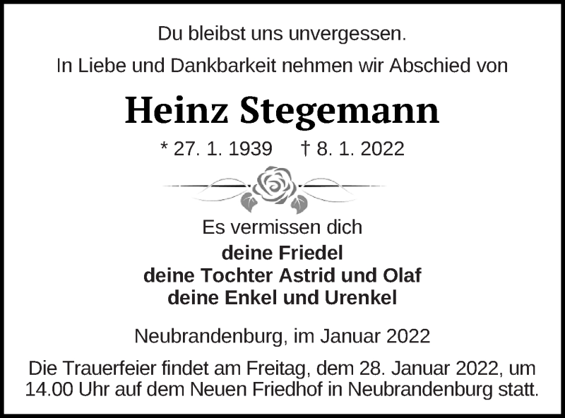  Traueranzeige für Heinz Stegemann vom 14.01.2022 aus Neubrandenburger Zeitung