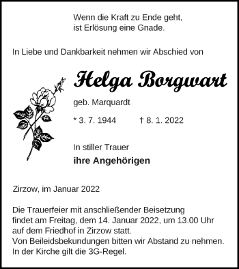 Traueranzeige von Helga Borgwart von Neubrandenburger Zeitung