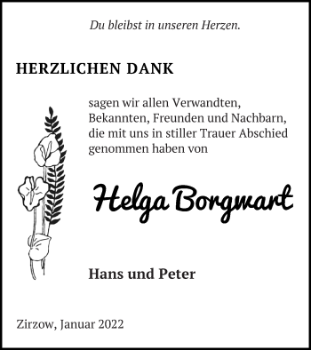 Traueranzeige von Helga Borgwart von Neubrandenburger Zeitung