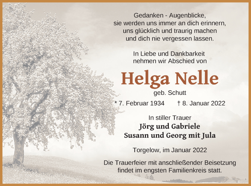  Traueranzeige für Helga Nelle vom 14.01.2022 aus Haff-Zeitung