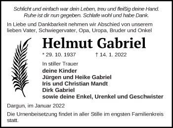 Traueranzeige von Helmut Gabriel von Mecklenburger Schweiz