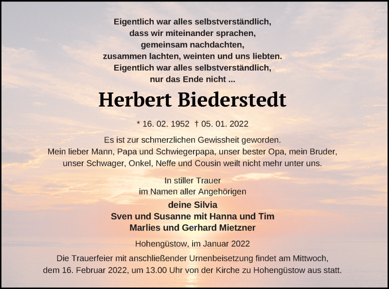  Traueranzeige für Herbert Biederstedt vom 21.01.2022 aus Prenzlauer Zeitung