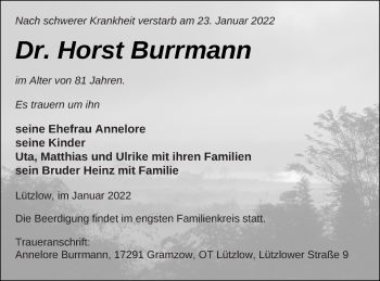 Traueranzeige von Horst Burrmann von Prenzlauer Zeitung