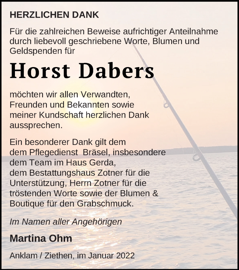  Traueranzeige für Horst Dabers vom 22.01.2022 aus Vorpommern Kurier