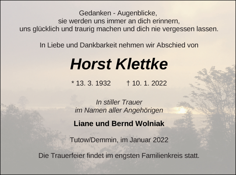  Traueranzeige für Horst Klettke vom 14.01.2022 aus Vorpommern Kurier
