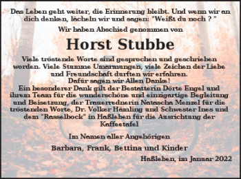 Traueranzeige von Horst Stubbe von Templiner Zeitung