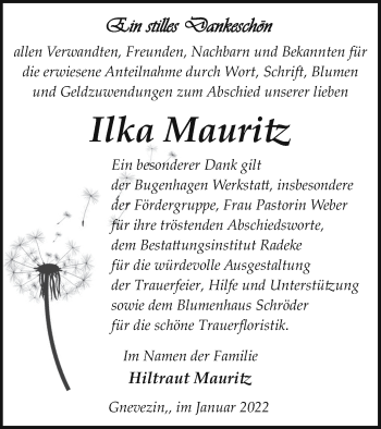 Traueranzeige von Ilka Mauritz von Vorpommern Kurier