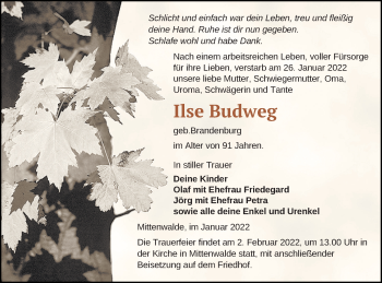 Traueranzeige von Ilse Budweg von Templiner Zeitung