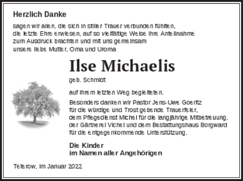  Traueranzeige für Ilse Michaelis vom 07.01.2022 aus Mecklenburger Schweiz