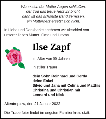 Traueranzeige von Ilse Zapf von Neubrandenburger Zeitung