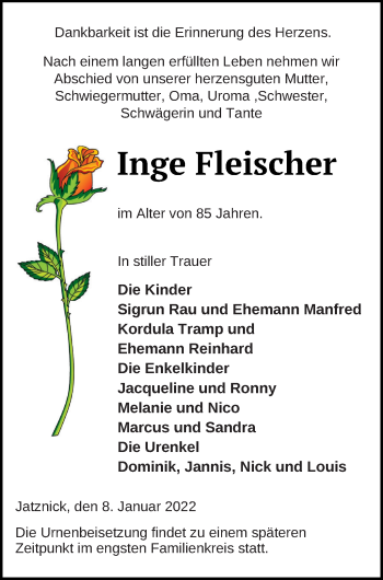 Traueranzeige von Inge Fleischer von Pasewalker Zeitung