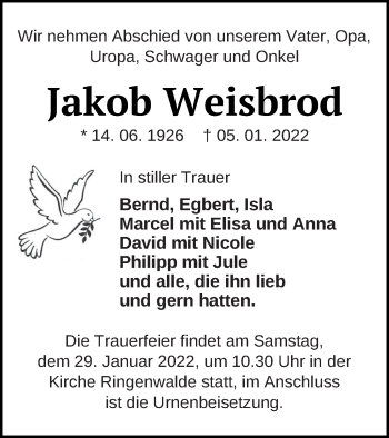 Traueranzeige von Jakob Weisbrod von Templiner Zeitung