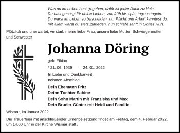 Traueranzeige von Johanna Döring von Pasewalker Zeitung