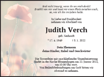 Traueranzeige von Judith Verch von Pasewalker Zeitung