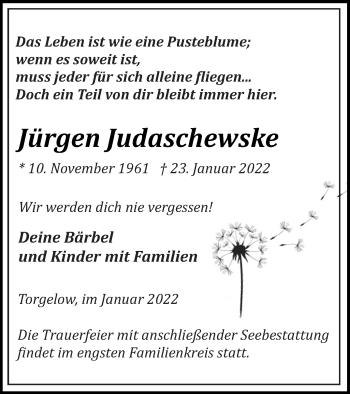 Traueranzeige von Jürgen Judaschewske von Haff-Zeitung