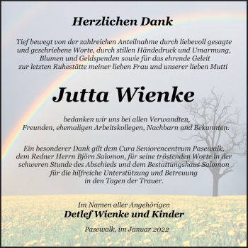 Traueranzeige von Jutta Wienke von Pasewalker Zeitung