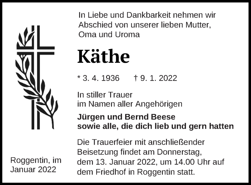  Traueranzeige für Käthe  vom 12.01.2022 aus Strelitzer Zeitung