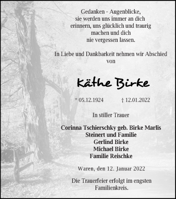 Traueranzeige von Käthe Birke von Müritz-Zeitung
