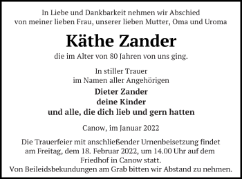 Traueranzeige von Käthe Zander von Strelitzer Zeitung