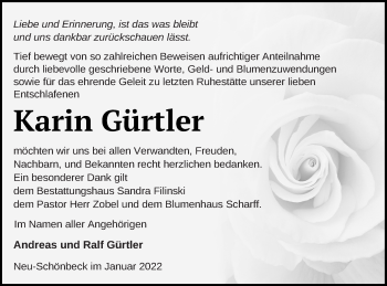 Traueranzeige von Karin Gürtler von Neubrandenburger Zeitung