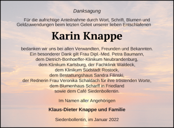 Traueranzeige von Karin Knappe von Neubrandenburger Zeitung