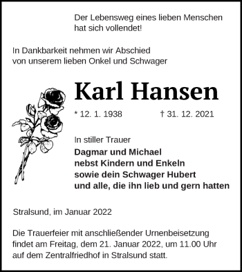 Traueranzeige von Karl Hansen von Neubrandenburger Zeitung