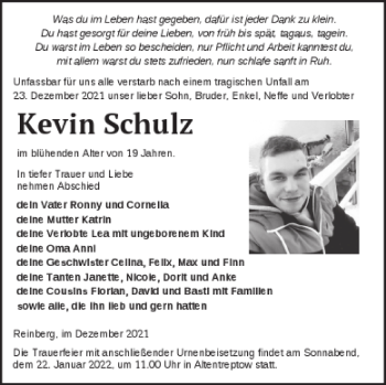 Traueranzeige von Kevin Schulz von Neubrandenburger Zeitung