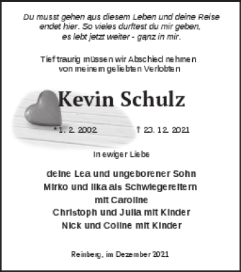 Traueranzeige von Kevin Schulz von Demminer Zeitung