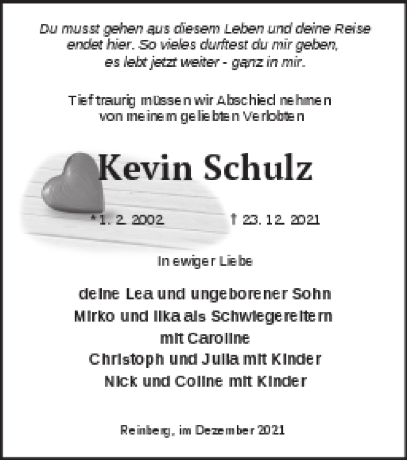  Traueranzeige für Kevin Schulz vom 05.01.2022 aus Demminer Zeitung