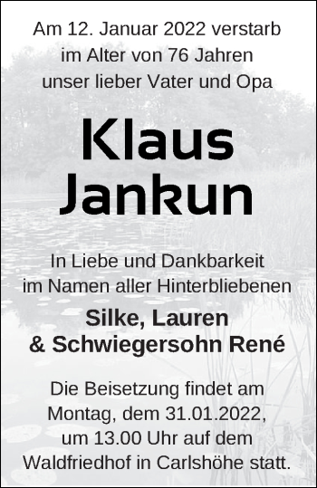 Traueranzeige von Klaus Jankun von Neubrandenburger Zeitung