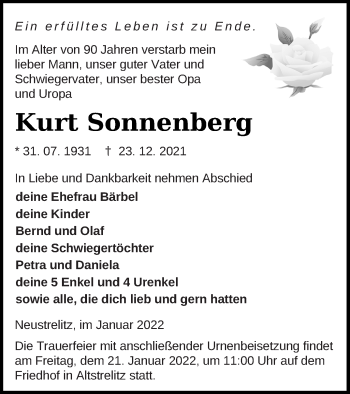 Traueranzeige von Kurt Sonnenberg von Strelitzer Zeitung