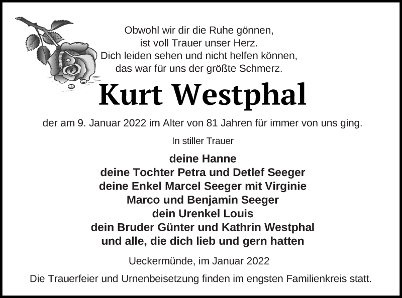  Traueranzeige für Kurt Westphal vom 14.01.2022 aus Haff-Zeitung
