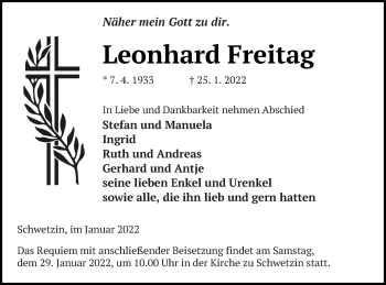 Traueranzeige von Leonhard Freitag von Mecklenburger Schweiz