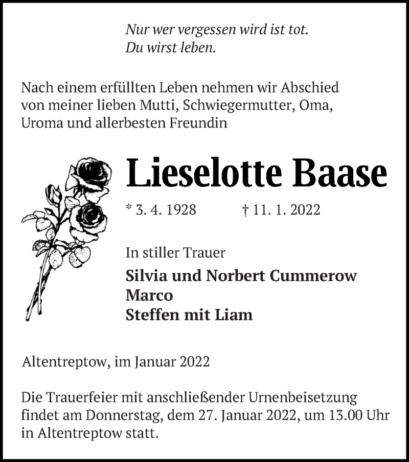  Traueranzeige für Lieselotte Baase vom 14.01.2022 aus Neubrandenburger Zeitung