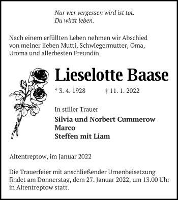 Traueranzeige von Lieselotte Baase von Neubrandenburger Zeitung