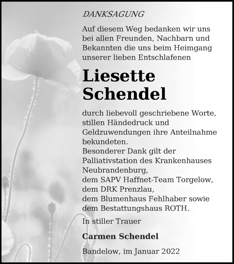 Traueranzeige für Liesette Schendel vom 28.01.2022 aus Prenzlauer Zeitung