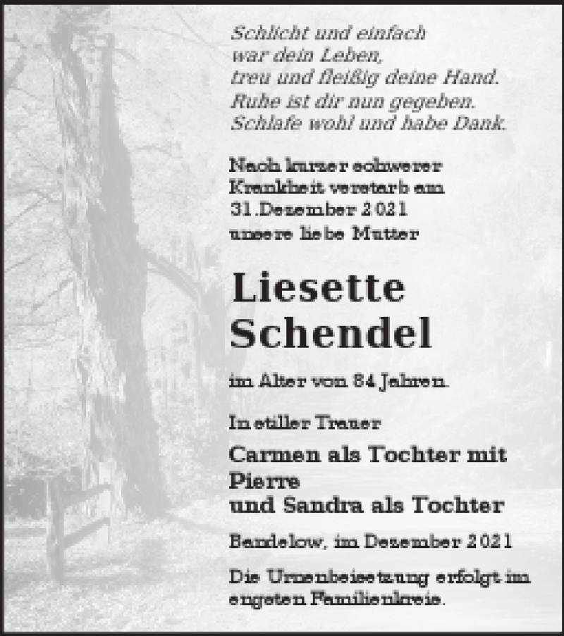  Traueranzeige für Liesette Schendel vom 07.01.2022 aus Prenzlauer Zeitung