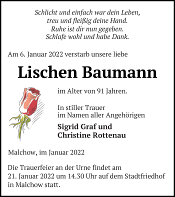 Traueranzeige von Lischen Baumann von Müritz-Zeitung