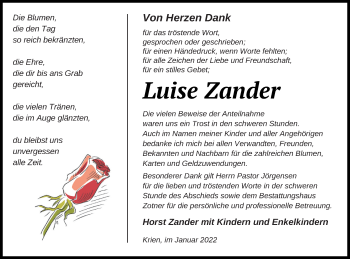 Traueranzeige von Luise Zander von Vorpommern Kurier