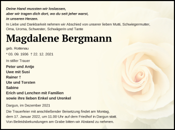 Traueranzeige von Magdalene Bergmann von Mecklenburger Schweiz