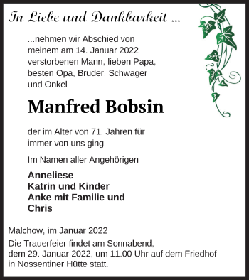 Traueranzeige von Manfred Bobsin von Müritz-Zeitung